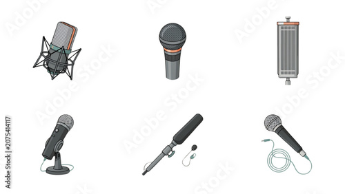 Tableau sur toile Set of six microphone icons in various styles and types for audio and recording
