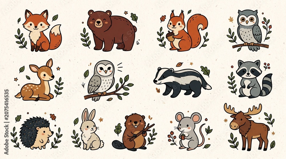 Obraz premium Woodland Animals Collection Cute Outline Style Forest Wildlife Clipart Set