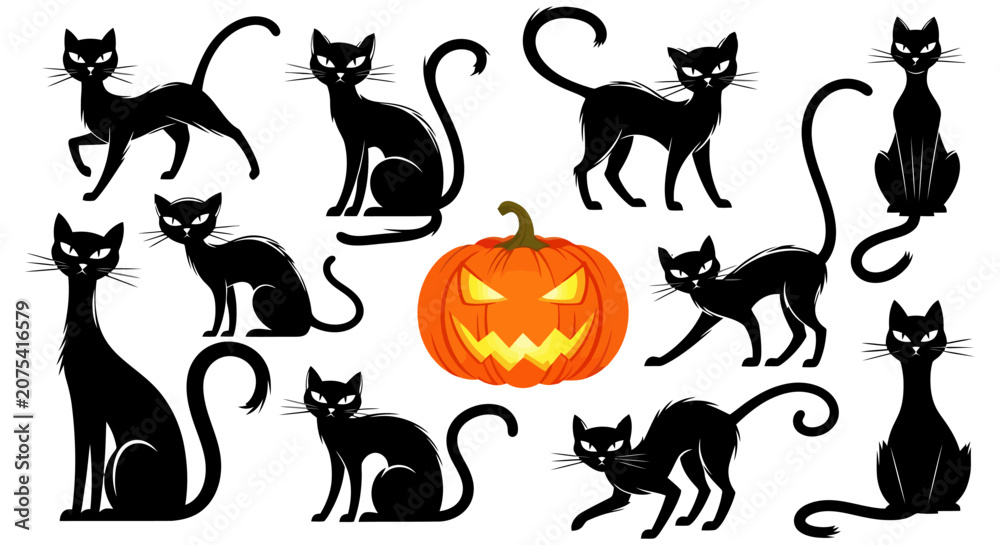 Obraz premium Halloween Black Cats Surrounding a Carved Pumpkin Silhouette.