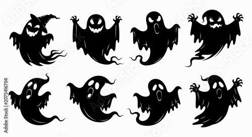 Fotografie Eight Black Ghost Silhouettes on Transparent Background.