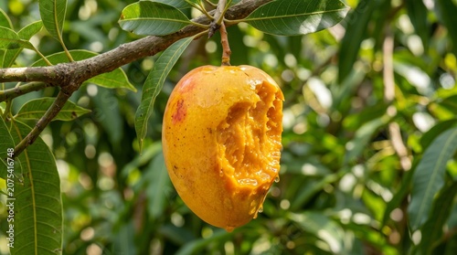 Close up of partially eaten ripe mango hanging on tree with fresh juicy exposed flesh