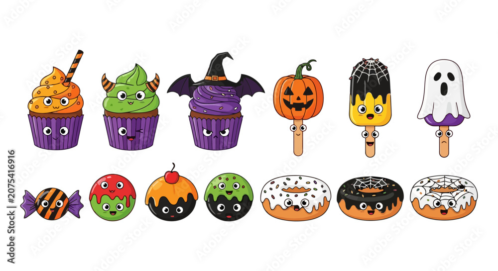 Fototapeta premium Halloween themed decorated cupcakes and cookies with spooky designs.