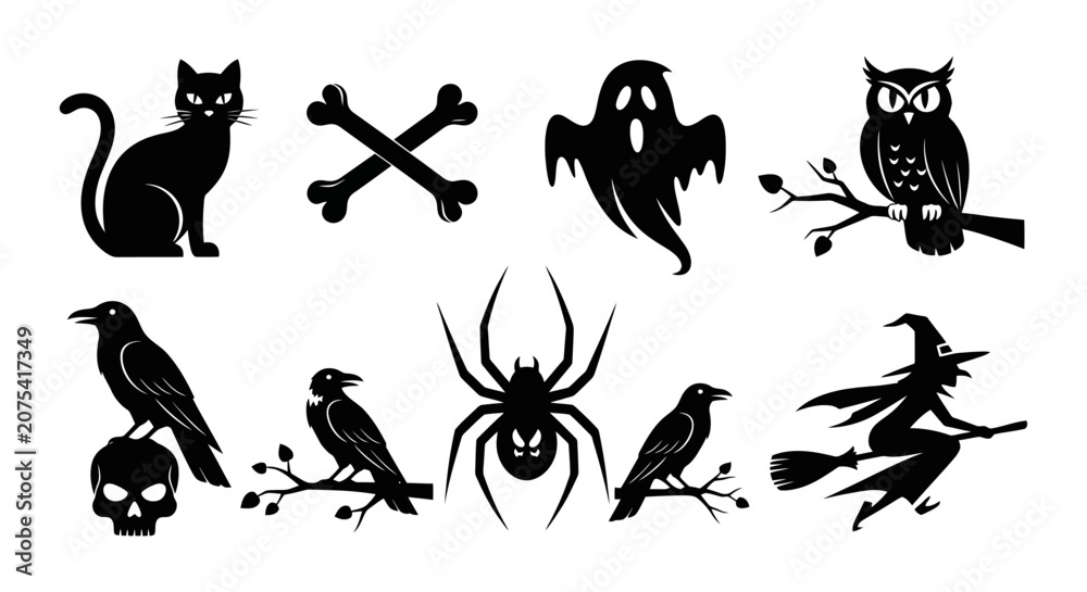 Obraz premium Spooky Halloween Silhouettes Featuring Cat Ghost Owl and Witch.