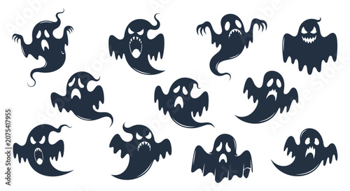 Obraz na plátně Collection of Cartoon Black Bat Ghosts Halloween Illustration.