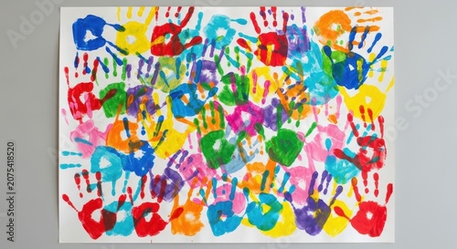 Colorful Handprints Create Joyful Art Display by Children
