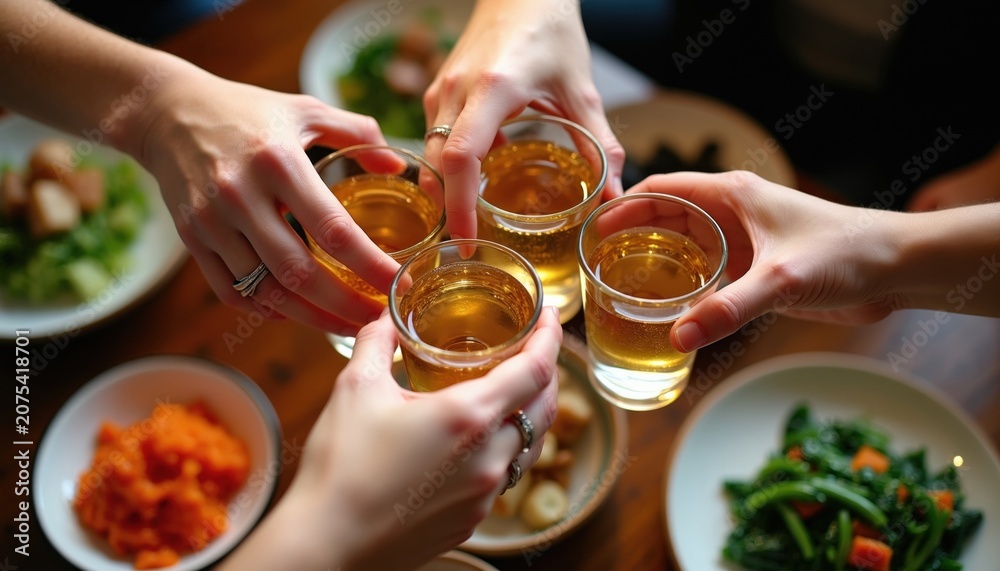 Fototapeta premium Four friends clink shot glasses filled with soju. They enjoy korean food, sharing drinks and conversation. Group celebrates happy occasion together at cozy restaurant table, toasting for good times.