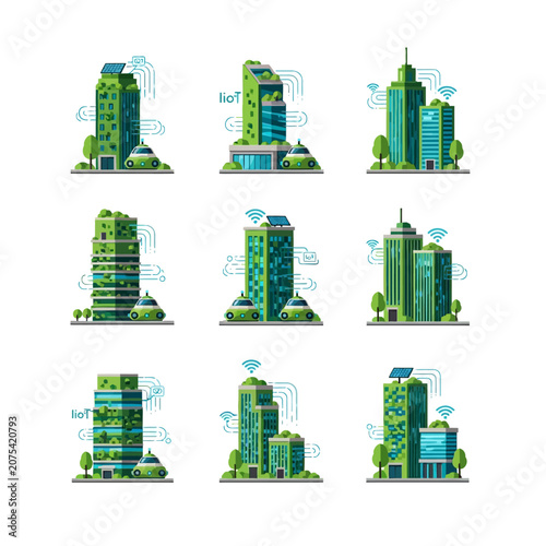 Eco-friendly city buildings with green spaces.