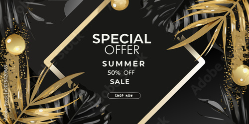 Obraz na plátně Golden palm leaf ornament with black background vector illustration