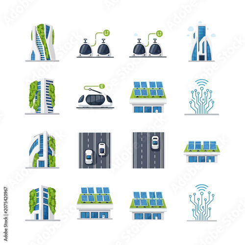 Sustainable urban infrastructure and technology icons.
