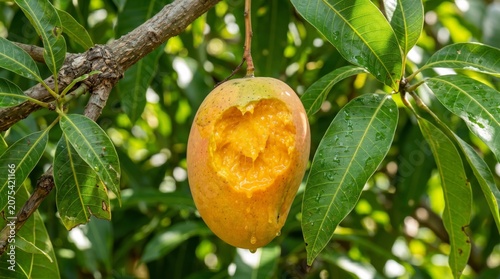 Close up of partially eaten ripe mango hanging on tree with fresh juicy exposed flesh