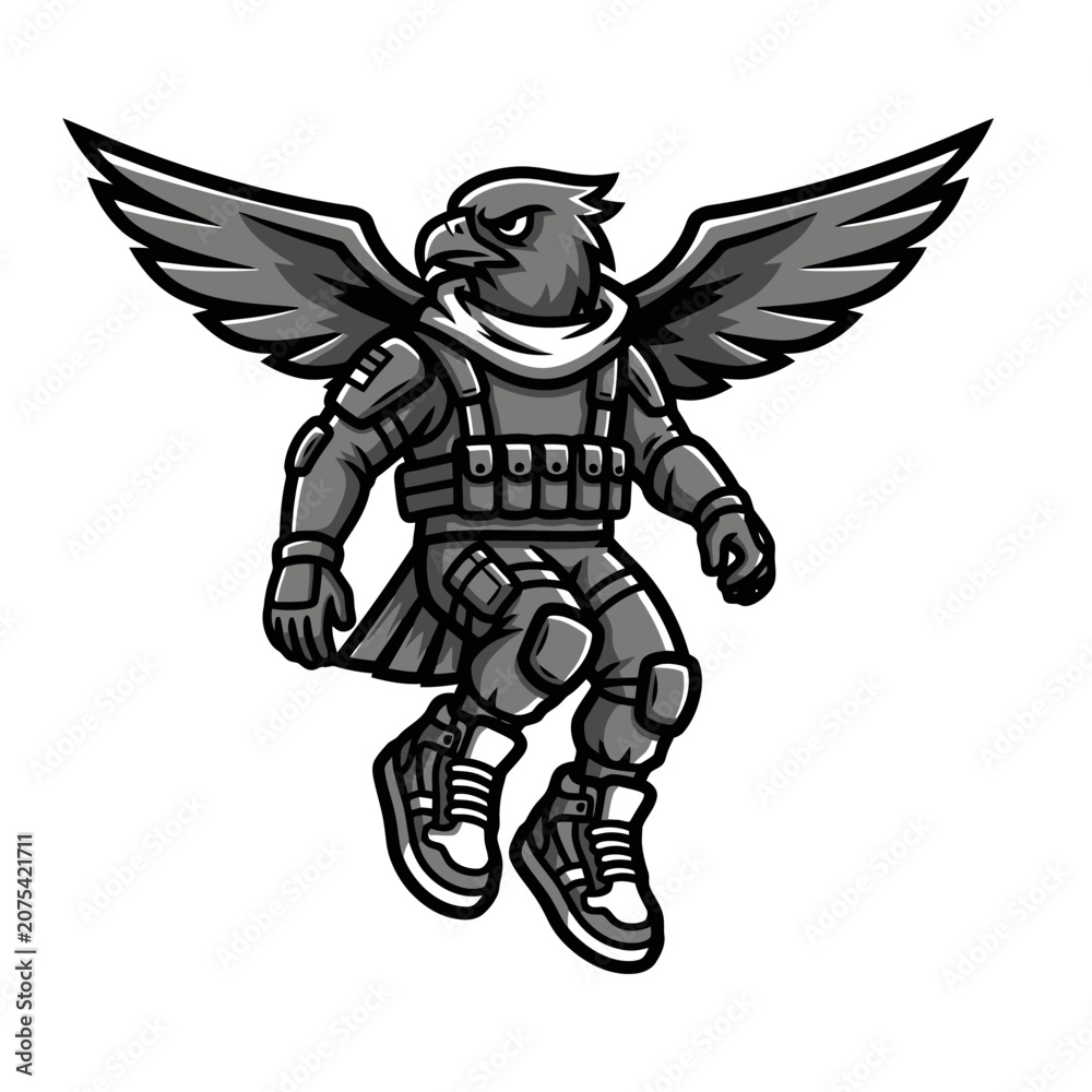 Fototapeta premium Cartoon Eagle Soldier Mascot Character Flying.