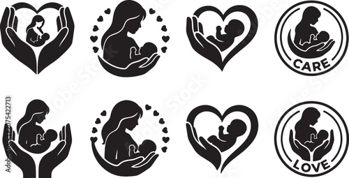 Mother and Baby Care Love Icons Set: Hands, Hearts, and Child Silhouettes Vector Collection