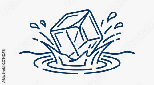 Ice cube splashing into water creating ripples and splashes.