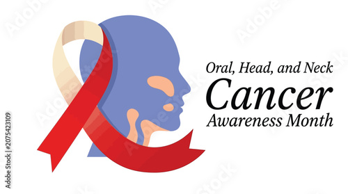 Blue human head silhouette vector illustration with a red awareness ribbon for cancer medical support