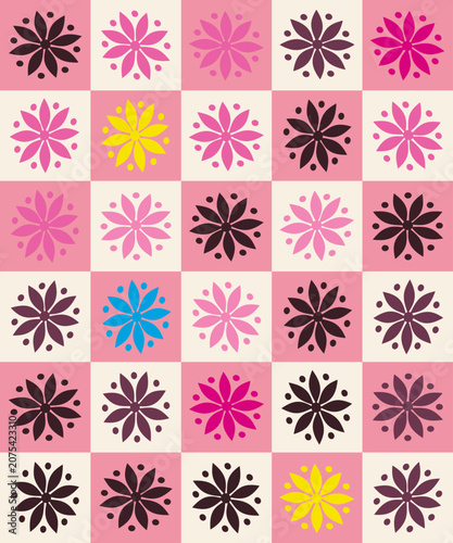 Floral Pattern Grid: A charming arrangement of stylized flowers in various bright colors, set against a checkerboard of soft pink and cream.