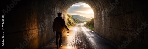 Panoramic person walking through dark tunnel toward sunlight, hope, recovery, life journey, emotional healing