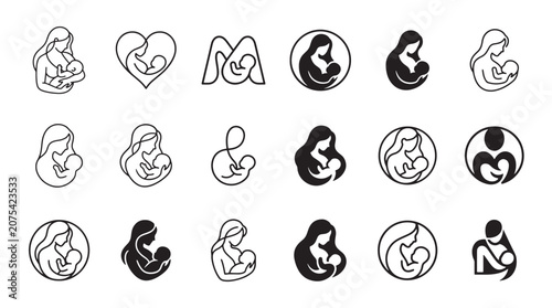 Collection of mother and baby icons, illustrating breastfeeding, maternal love, and newborn care in various styles.