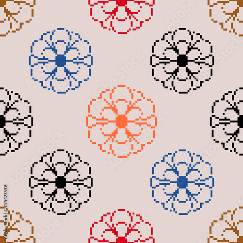 Pixelated Floral Pattern: A repeating seamless pattern featuring pixel art rendition of flowers in various vibrant colors.