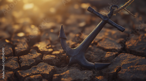 taut. A massive iron ship anchor embedded in cracked earth, rope taut in golden light. safety posters, maintenance manuals, designed for industrial assembly lines and welding operations.