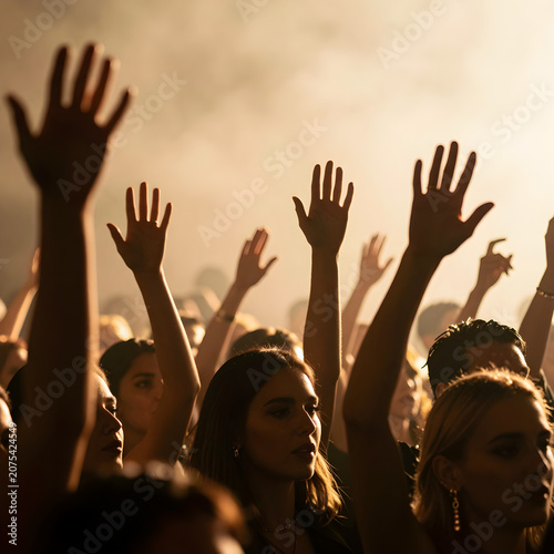 A crowd of individuals at a concert or live event raises their hands towards the stage, silhouetted against a warm and hazy background.