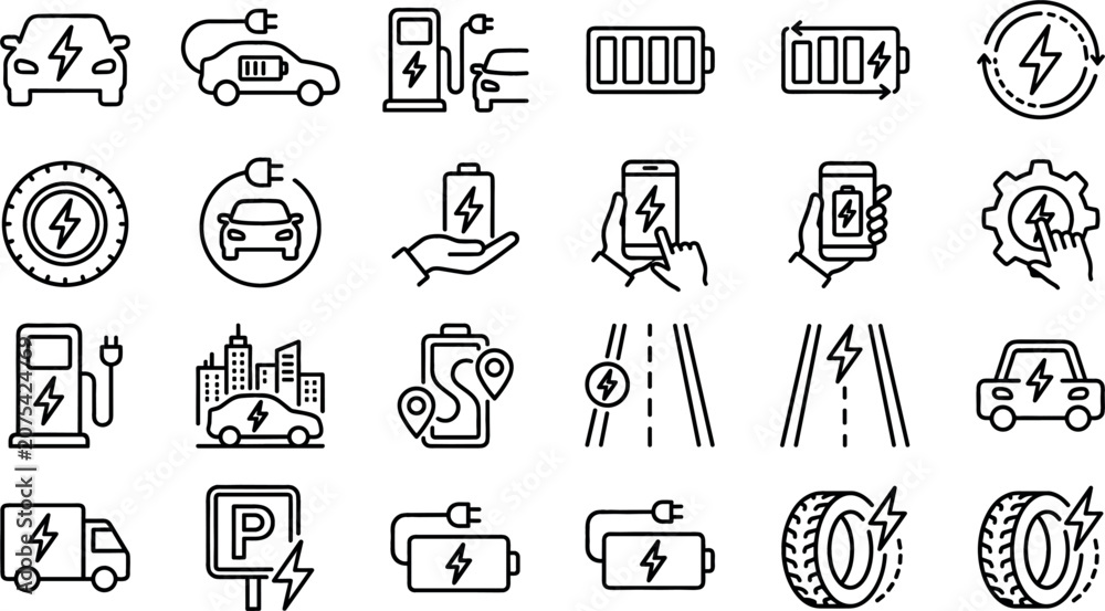 Fototapeta premium Electric Vehicle and EV Charging Station Line Icon Set Featuring Battery Power Eco Transportation Smart Mobility and Green Energy Graphic Symbols