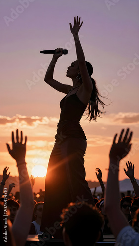 Energetic Female Singer Performs at Music Festival Under Vibrant Sunset Sky