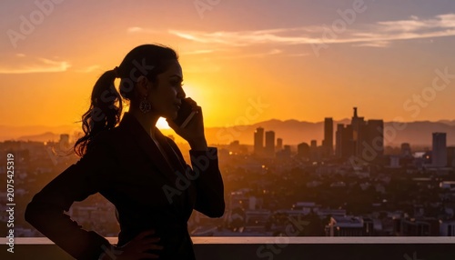 Businesswoman talking on phone at city sunset silhouette.