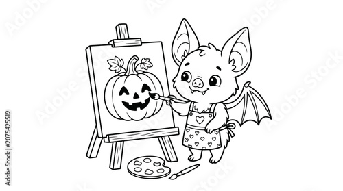 Bat painting pumpkin on easel coloring book