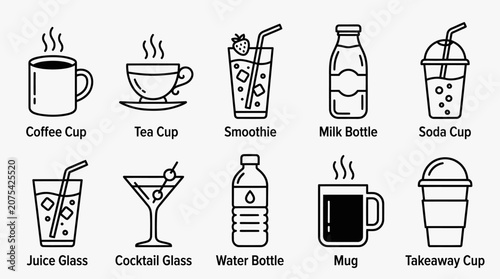 Beverage and drink variety line icon collection.