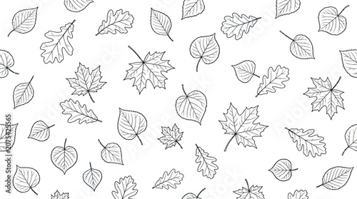 Black and white autumn leaf line art seamless pattern