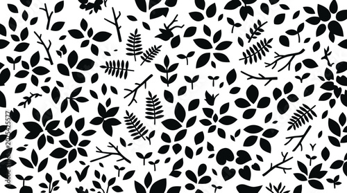 Black and white botanical leaf silhouette seamless pattern.