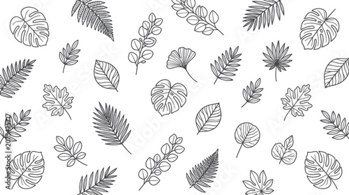 Black and white tropical leaf line art pattern.