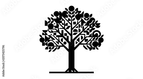 Abstract black geometric tree silhouette on white background.