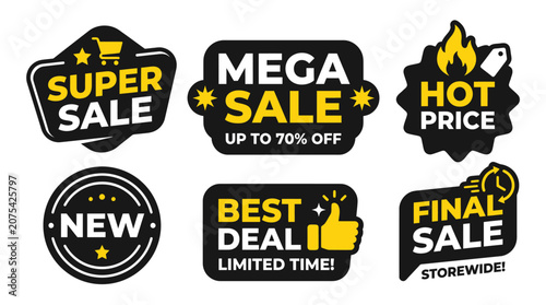 Black and yellow retail sale badges and promotion stickers
