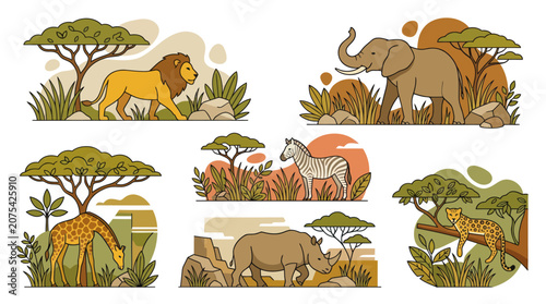 African savanna wildlife scenes with lion elephant and giraffe