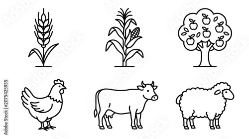 Agricultural farm animal and crop line art icons.