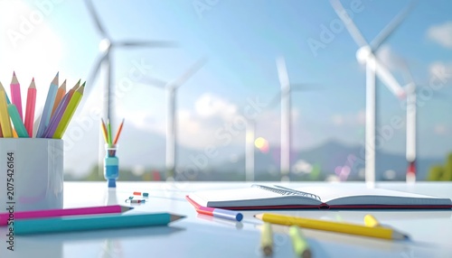Desk with school supplies and wind farm view.