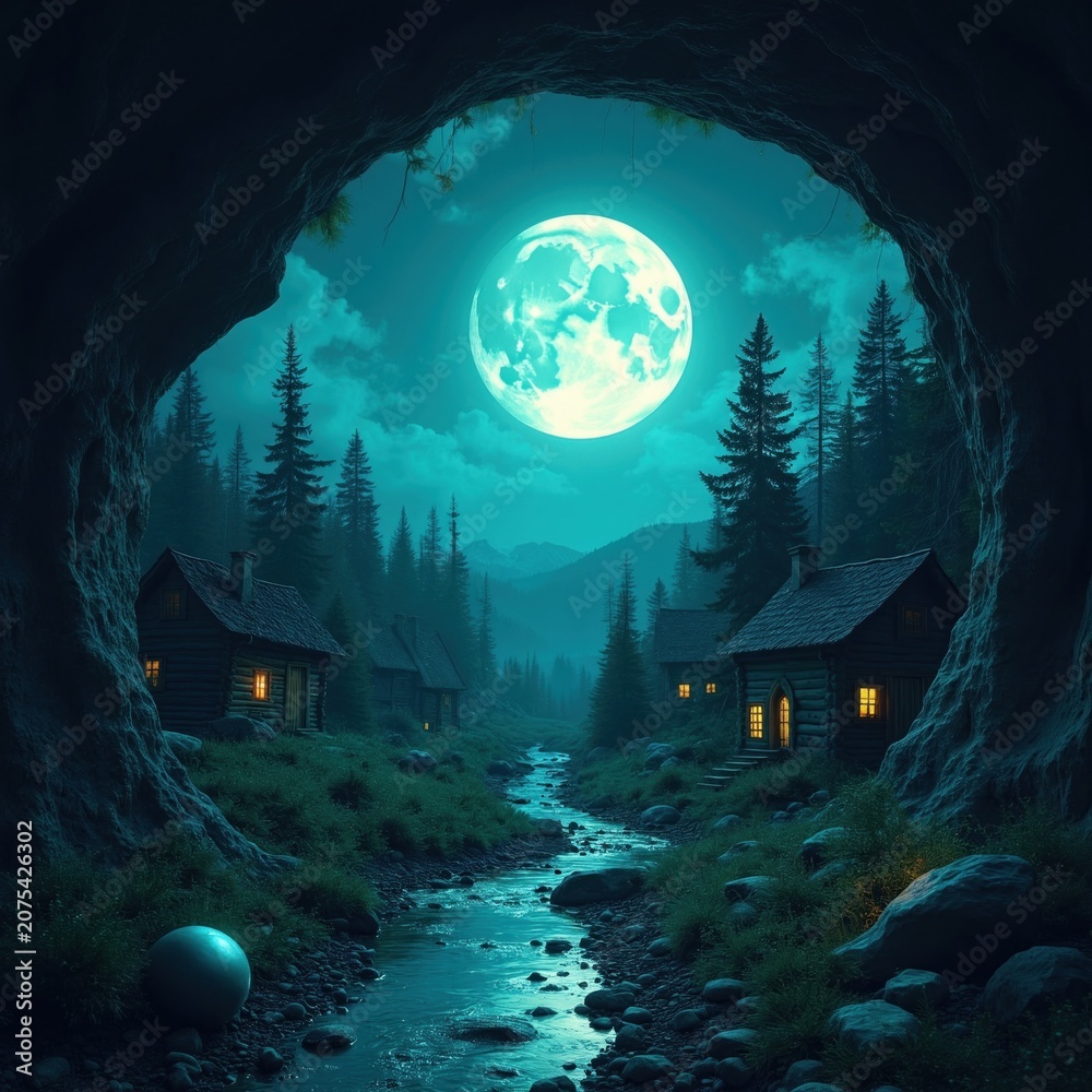Fototapeta premium Night view from cave entrance shows moonlit forest with cabins by stream. Full moon illuminates peaceful village nestled among pine trees and mountains.