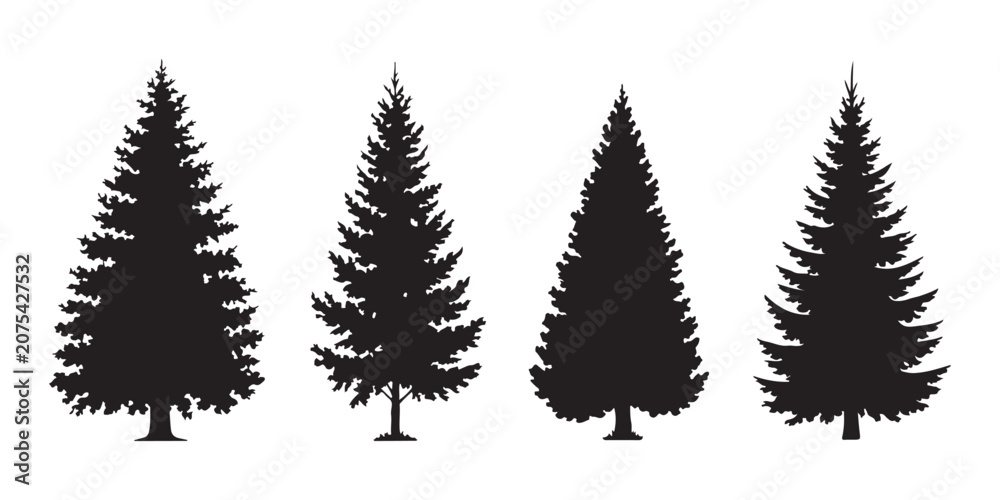 Fototapeta premium Set of four unique black pine tree silhouettes on a transparent background for various design projects.