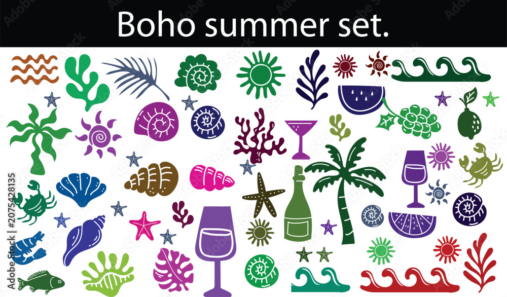 Fototapeta premium Boho summer set. Naive spiritual geometric palm tree, sun, sea, waves and corals emblem. Tropical retro surf prints, summer beach label, naive vignetting silhouette. Hand drawn vector illustration