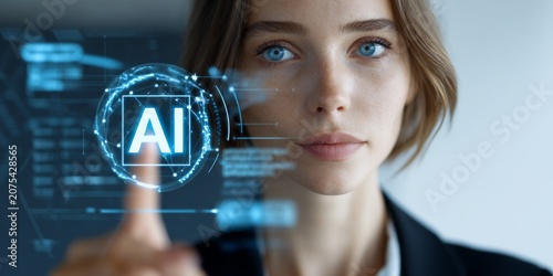 Young professional woman interacting with holographic AI interface in modern office setting, showcasing innovation and technology in everyday life