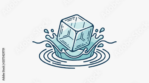 Ice cube splashing into water creating ripples and waves.