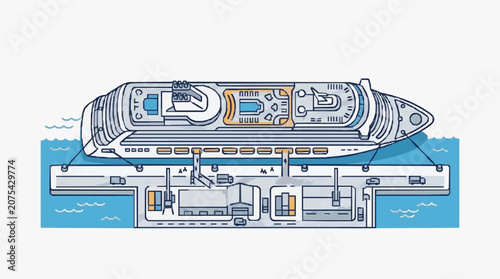 Aerial View of a Large Cruise Ship Docked at a Port Terminal.