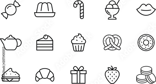 Foto Dessert and bakery vector icon set with candy pudding cake ice cream donut cupcake croissant and sweet food confectionery line elements