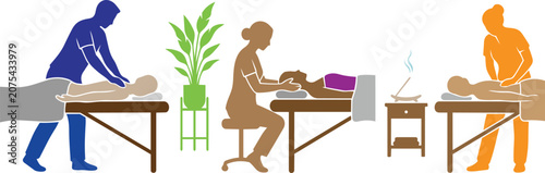 Fotografie Massage therapy wellness treatment session vector icons set with massage table w