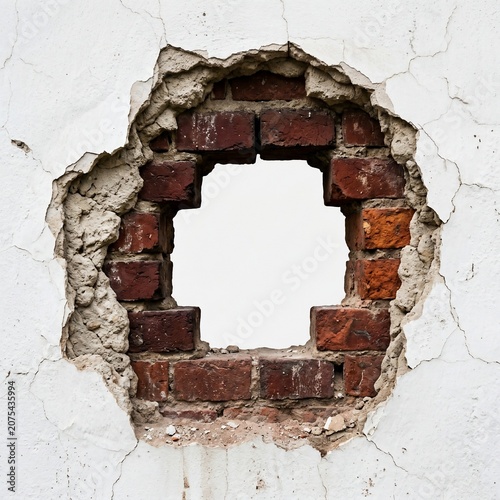 Damaged brick wall with hole