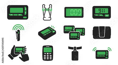 Collection of Pager Icons and Communication Devices, Vintage and Modern Tech