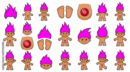 Cute Troll Dolls Collection, Pink Hair, Gemstone Belly Button, Isolated on White