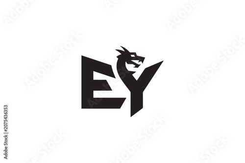Ey logo featuring a stylized dragon incorporated into bold lettering for branding