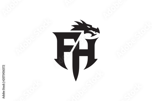Fantasy dragon head and bold fh monogram logo design for mythical branding